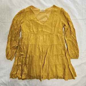 Urban Outfitters Womens S Yellow Swiss Dot Tiered Mini Dress V Neck Long Sleeve